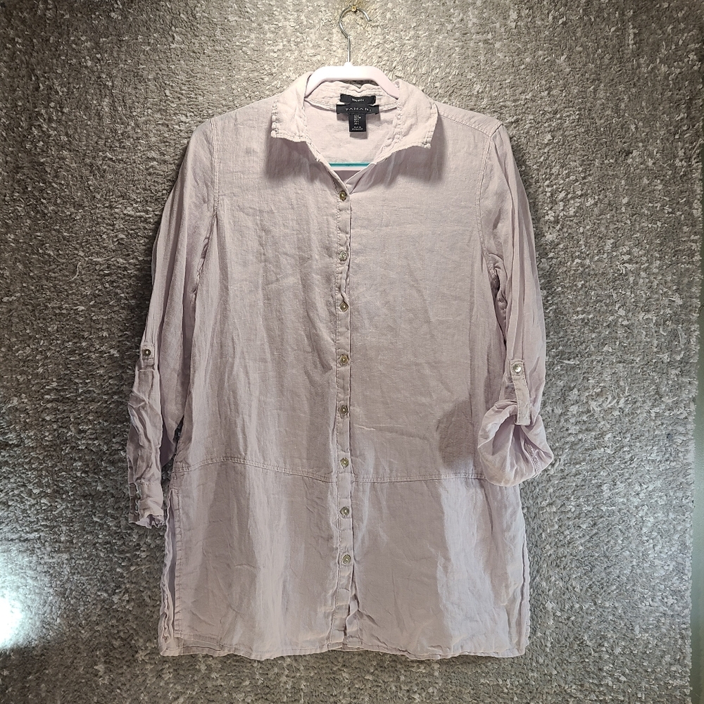 Tahari Purple Linen Button Up Tunic Lagenlook Shirt Women's Rolla Tab Slevee XL